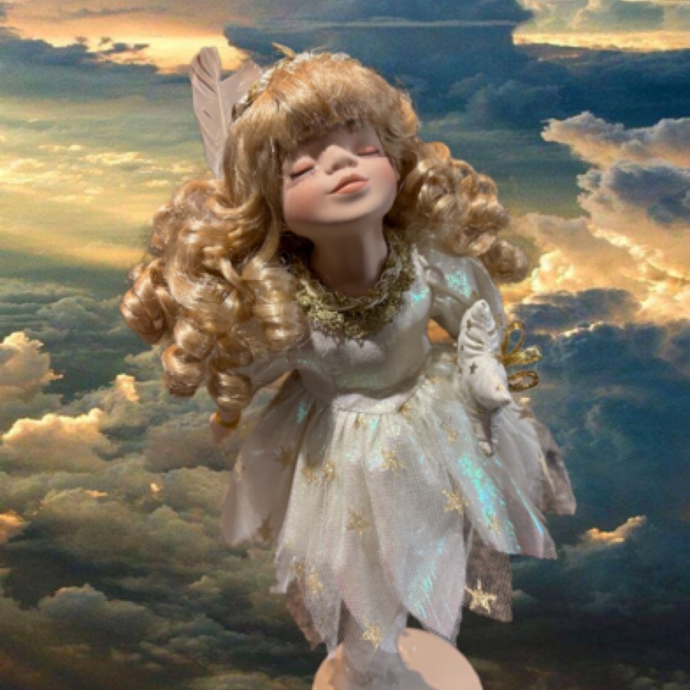 Elegant Angel Porcelain Doll w/Golden Curls & Wand. Great condition. Gold accent